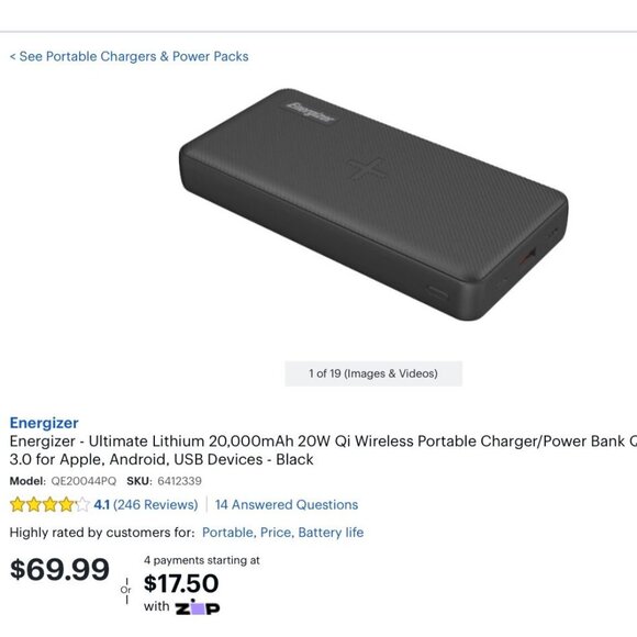 Energizer Ultimate Lithium 20 000mah Qi Wireless 12V Portable Charger - Black - Picture 9 of 11